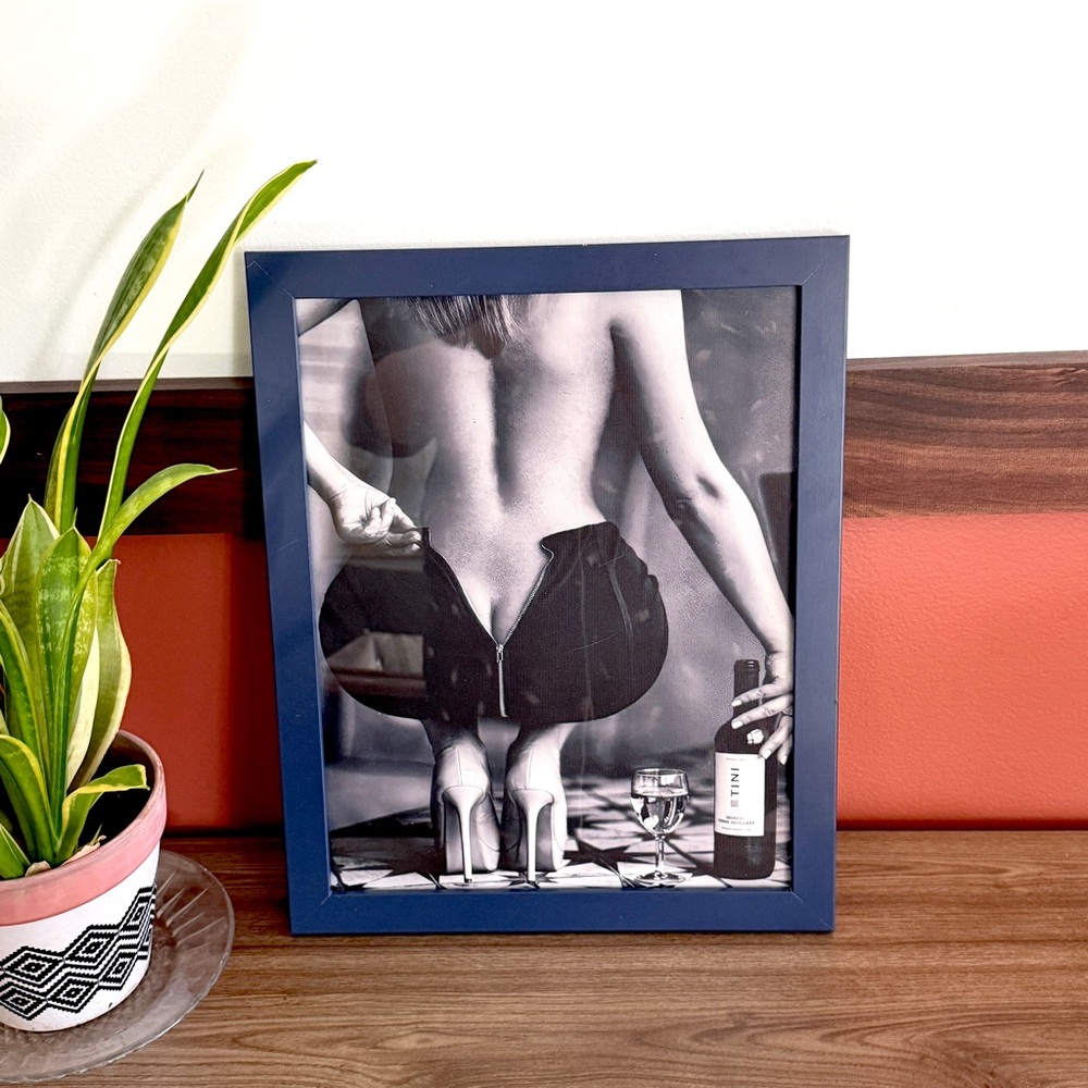 Sexy Woman Drinking Wine Unzipping Skirt Canvas Art Print Blue Framed Wall Art